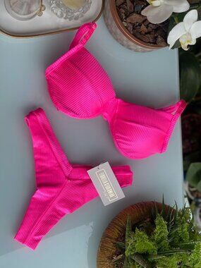 Neon Pink Ribbed Brazilian Bikini Set | Underwire Swimwear